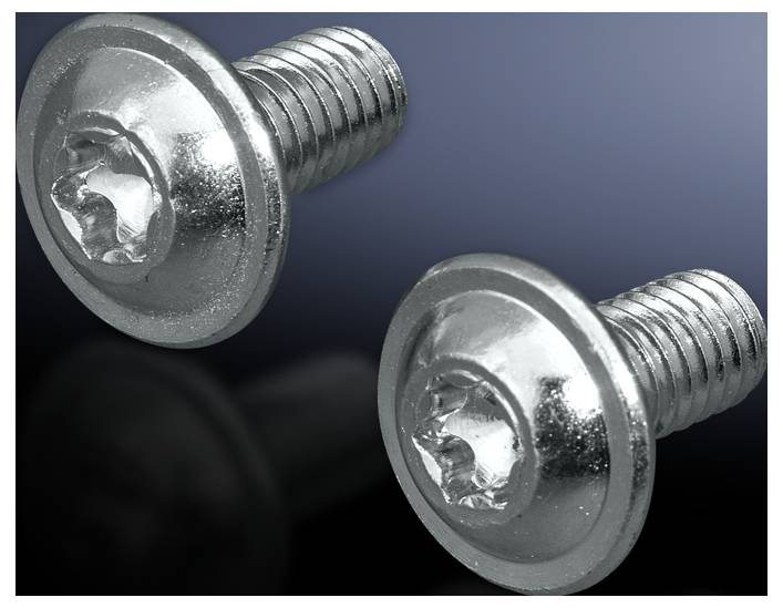 Two silver Torx screws with flat heads against a dark blue background, displaying their star-shaped drives.