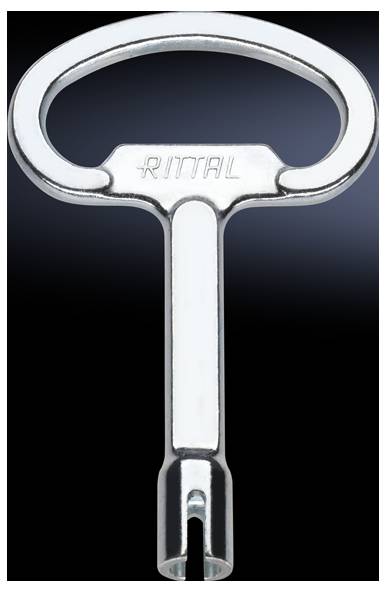 A silver key with the inscription 'Rittal', set against a dark background.