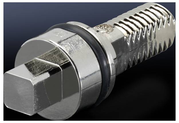 Metal screw with hexagonal head and thread, with black sealing ring, on black background.