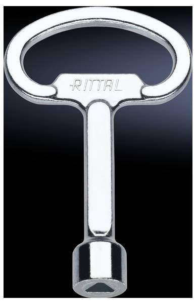 Silver universal key with an oval handle. Top surface is marked with 'RITTAL'. Developed for electrical cabinets and technical maintenance.