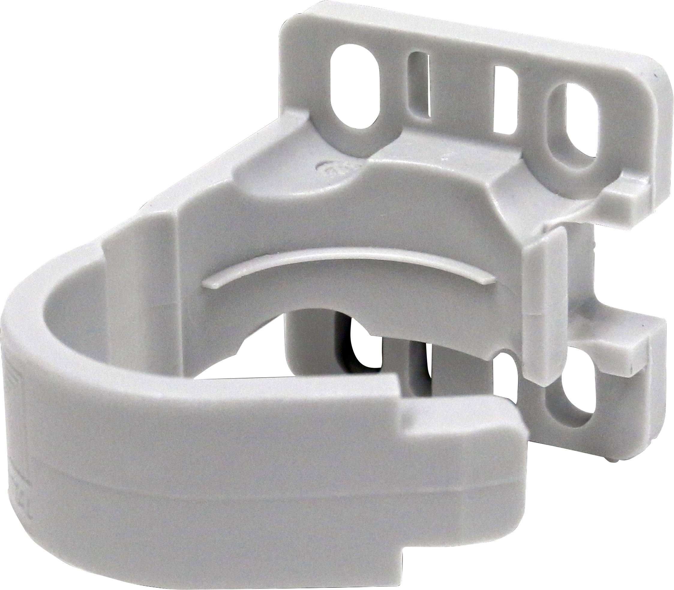 Grey plastic pipe clip for securing pipes to walls or ceilings. It has holes for screws to ensure secure installation.