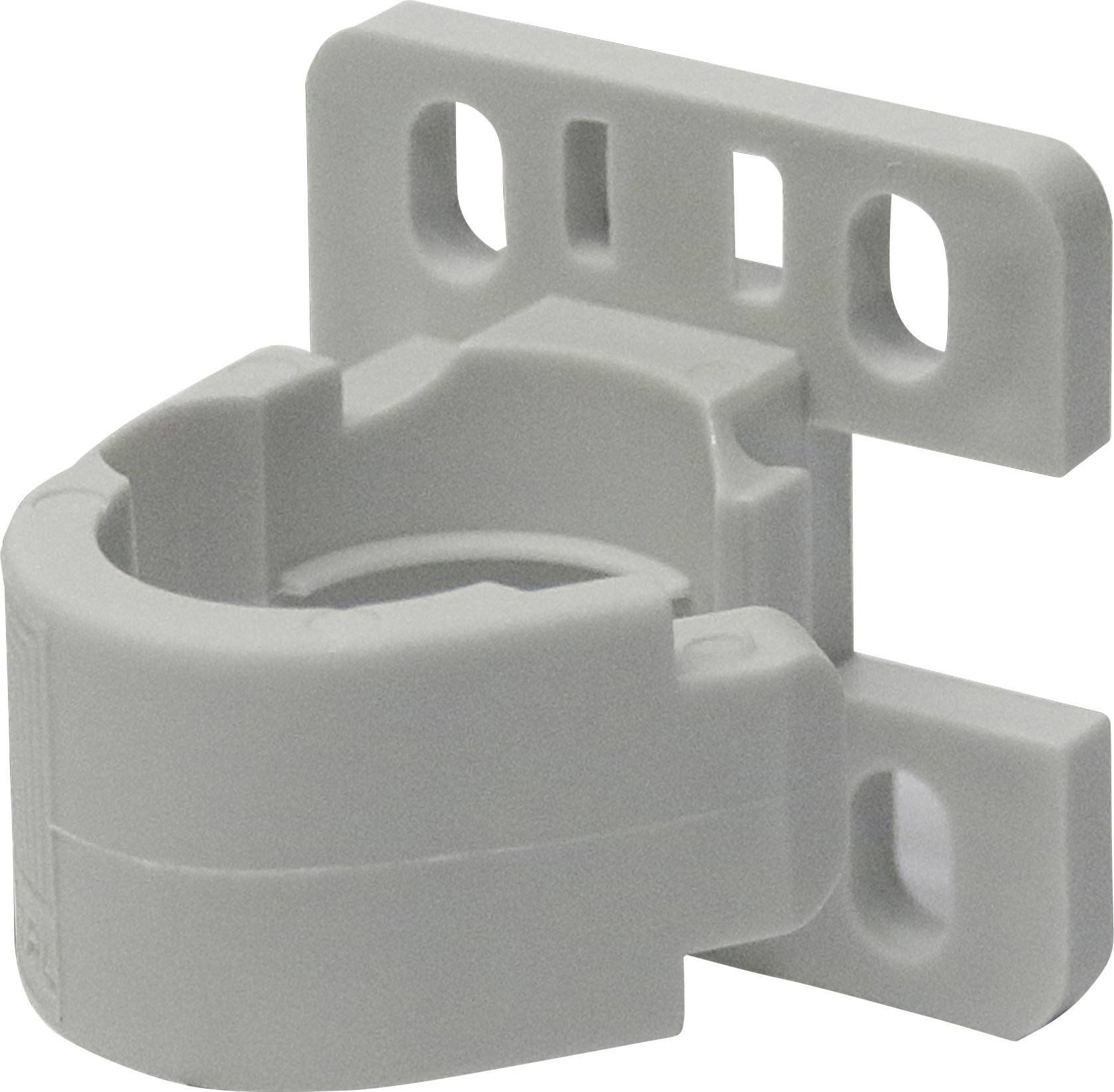 A grey plastic mounting bracket, likely used for securing pipes or cables to a wall. It has multiple fixing holes.