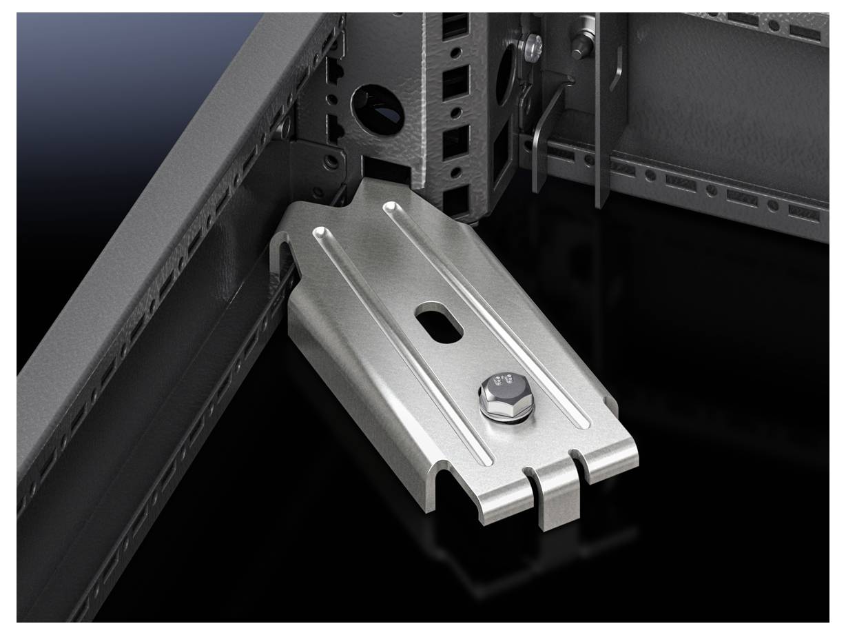 Industrial component mounted in a frame system, showing a metal bracket with a screw, part of a modular construction system.