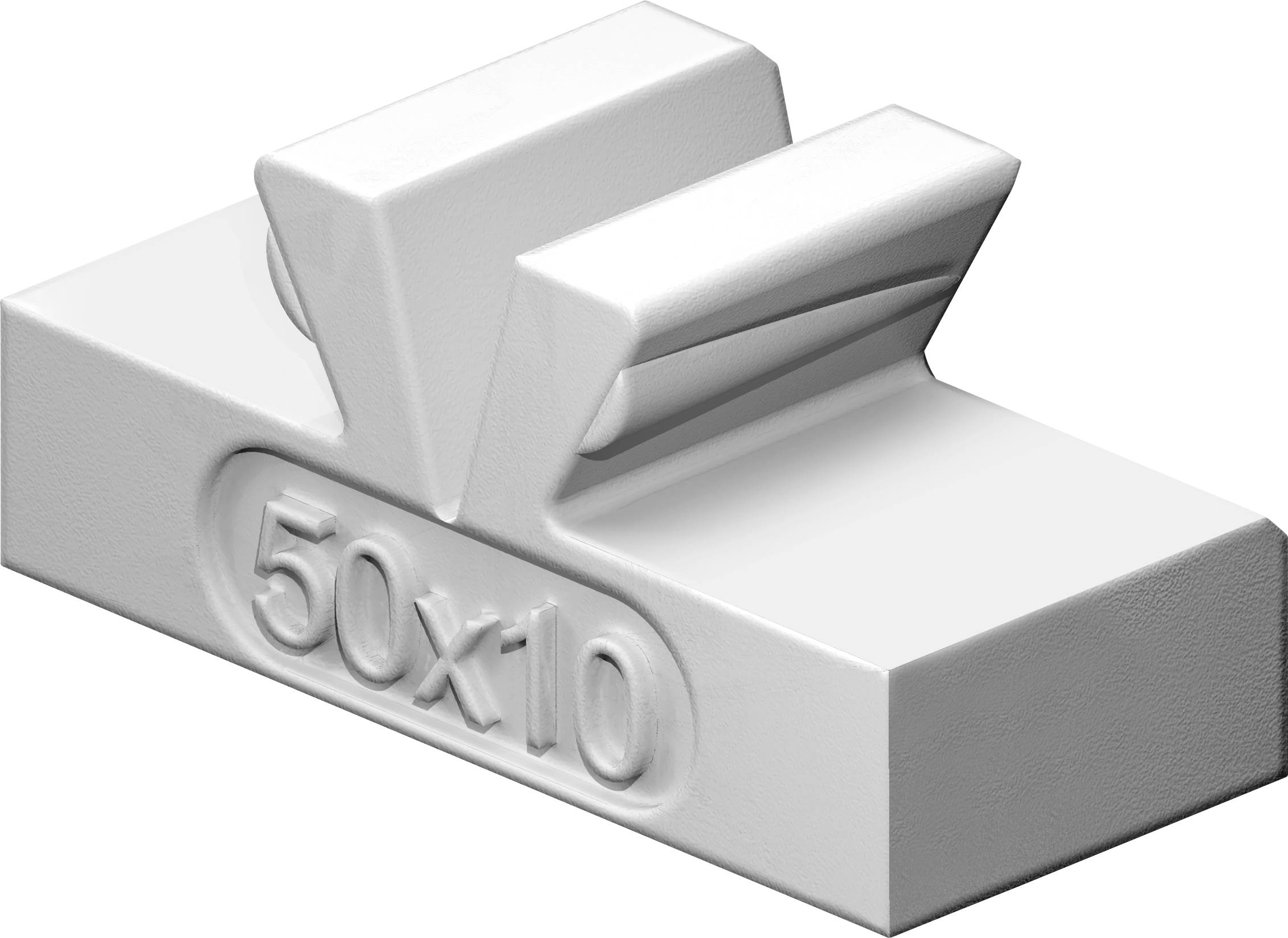 A white plastic building block with an engraved inscription '50x10'. The block has a rectangular shape and two raised sections on top.