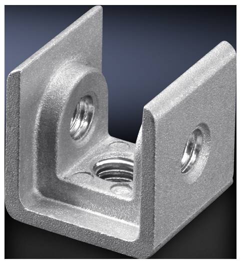 Aluminium angle bracket with two screw holes, used for fixing in structural applications.