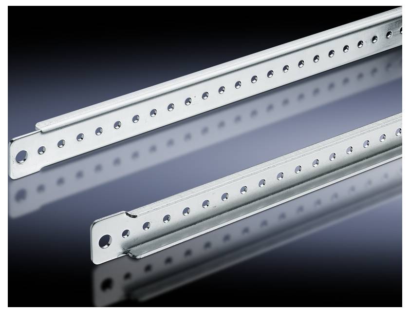 Two silver metal perforated rails, positioned at an angle on a reflective surface. They display uniform rows of holes.