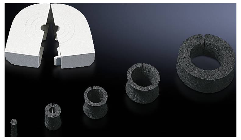 Several cylindrical foam rings of different sizes, arranged in a row, illustrate a size progression.