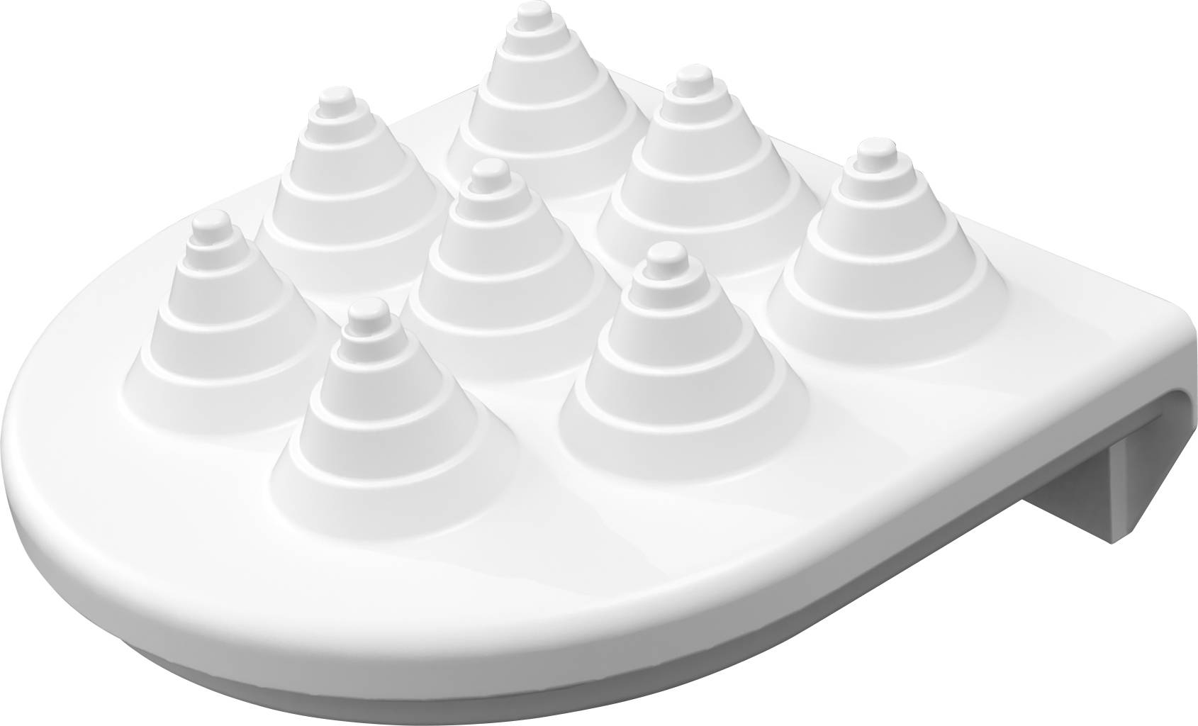 A white, curved object with multiple cone-shaped protrusions, possibly a massage device.