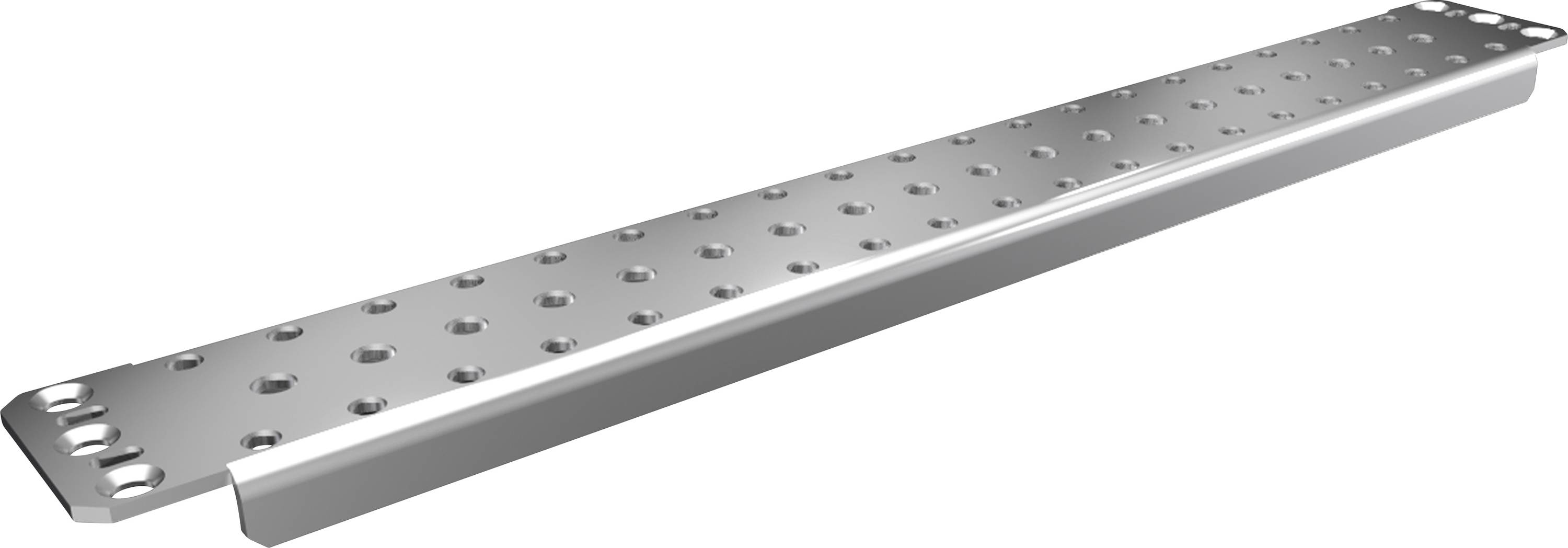 Metal rail with a rectangular cross-section and multiple holes at regular intervals, suitable for industrial applications.