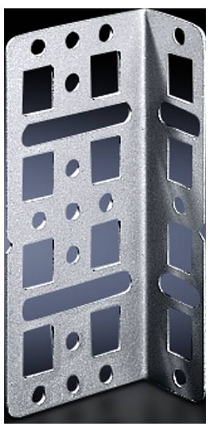 A silver, right-angled steel angle bracket with multiple rectangular and round holes, suitable for fixing or stabilising.