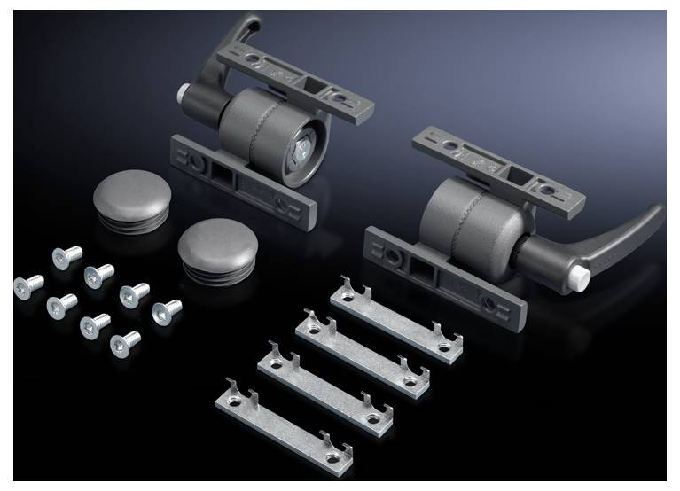 Door mechanism set with screws, covers and brackets on a dark background. Contains two lever mechanisms.