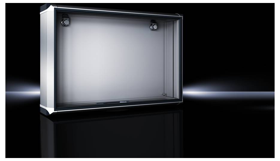 Empty display case in a dark room with lighting from top left; ideal for presenting exhibits or information.