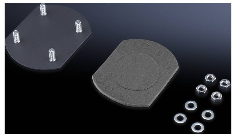 Flat metal plate with four screws, gasket and several nuts and washers on a black background.