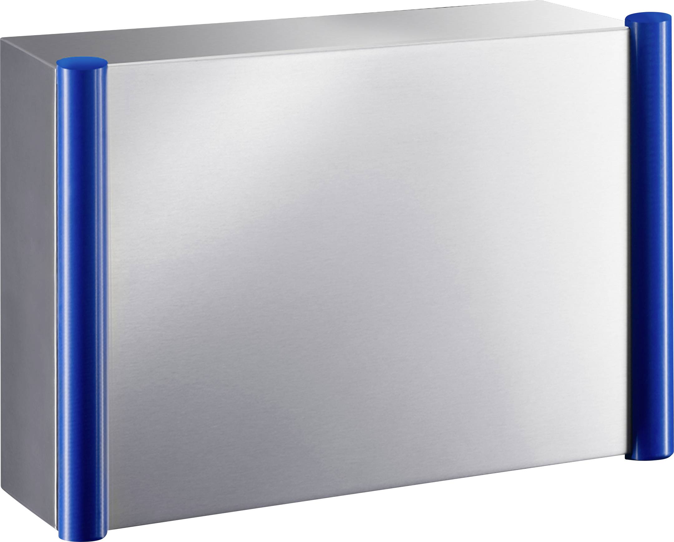 Metal cabinet with blue vertical cylinders on both sides, likely for industrial or technical applications.