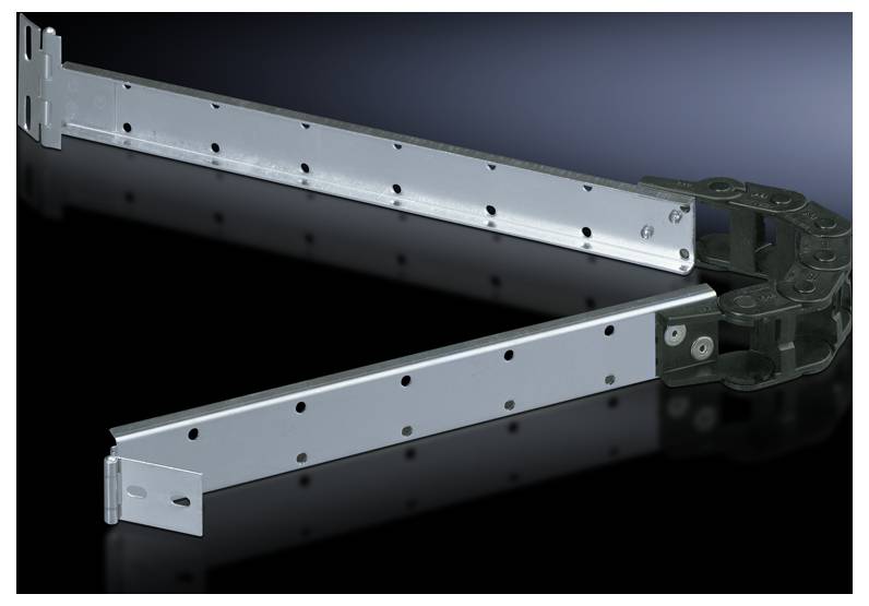 Metal hinge with multiple holes on a black background, showing a joint that is movable in different directions.