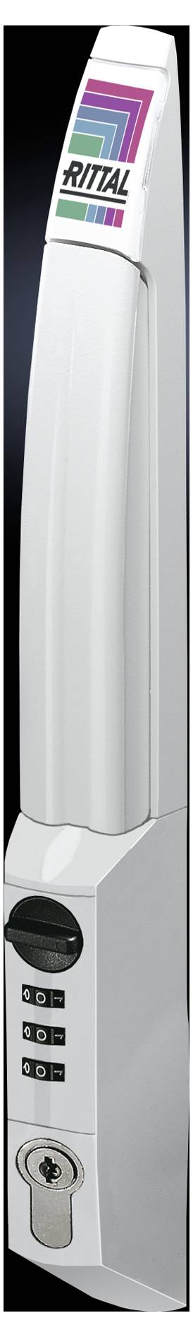 A lock on a control cabinet safety door with a keypad and keyhole, white housing with a coloured logo at the top.