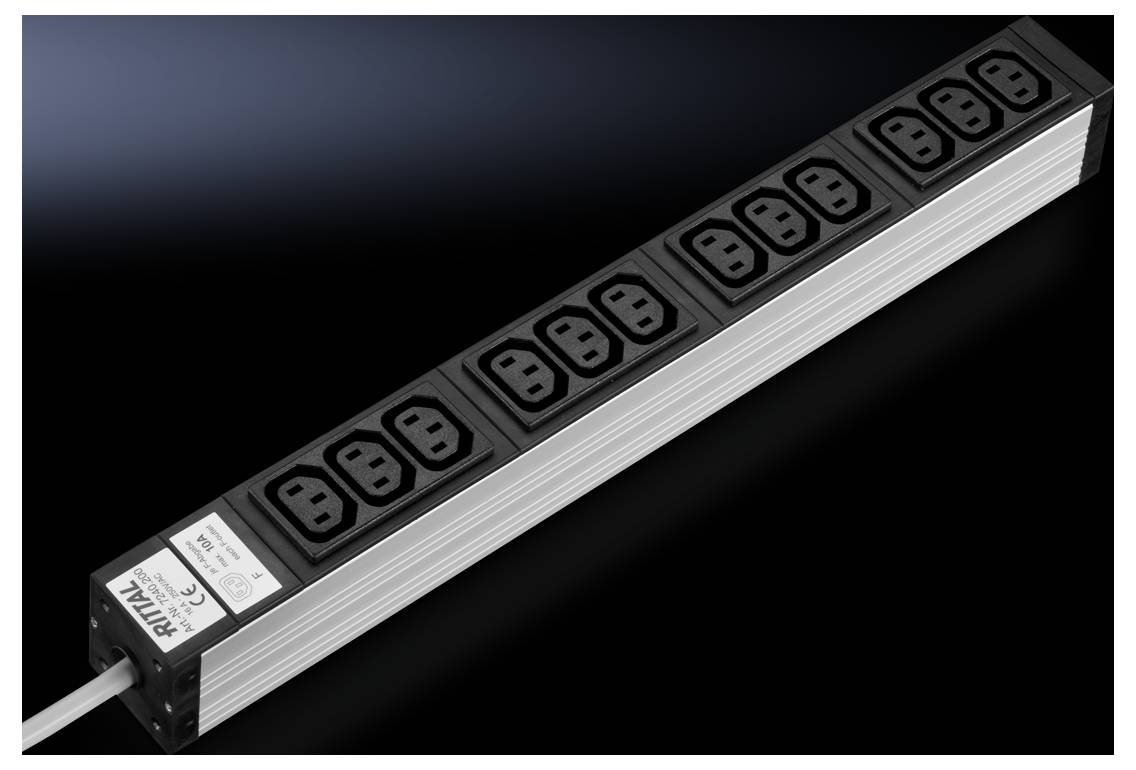 Multiple socket strip by Rittal with eight outlets and nameplate on a black background.