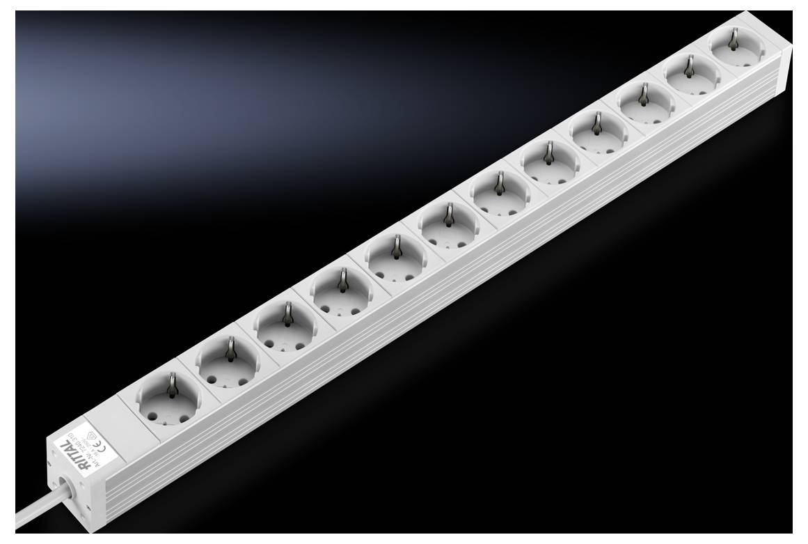 A long power strip with twelve socket outlets in a row. It is white and lies on a black background.