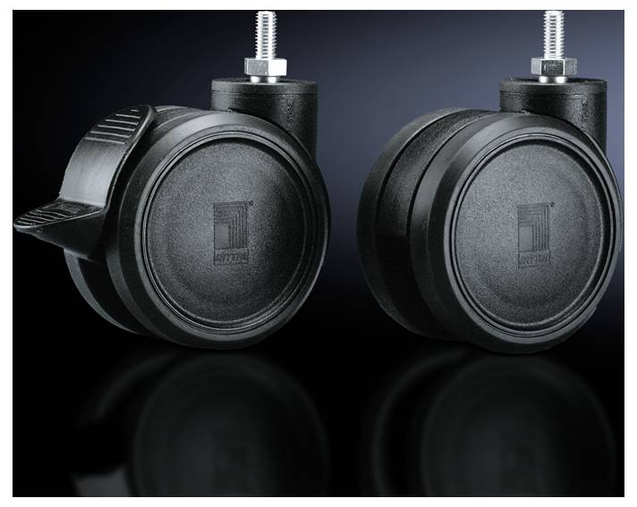 Two black chair castors with threaded bolts against a dark background, the left one with a stopper, the right without, marked with a discreet company logo.