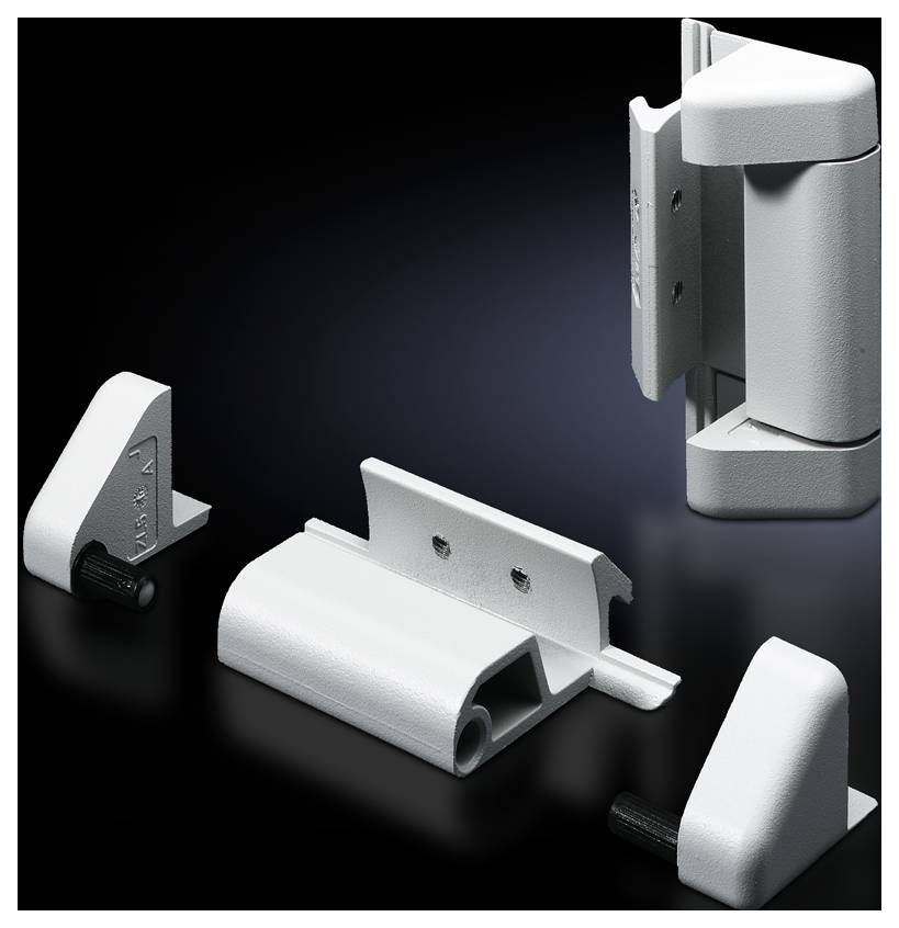 White metal fittings and hinges on a black background, shown from various angles to demonstrate design and functionality.