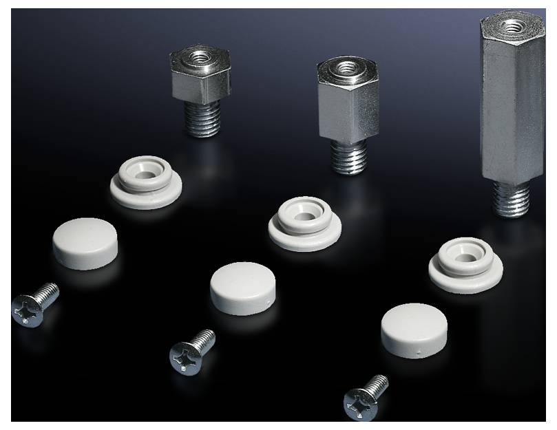 Various metal and plastic components such as screws, spacers, and caps arranged on a black background.