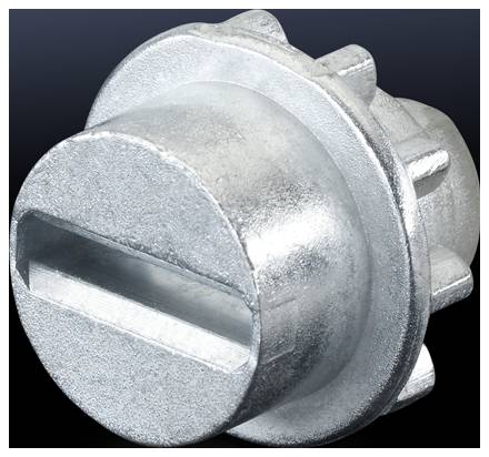 Metallic cylindrical plug with a flat screw slot, in a round shape, against a black background.