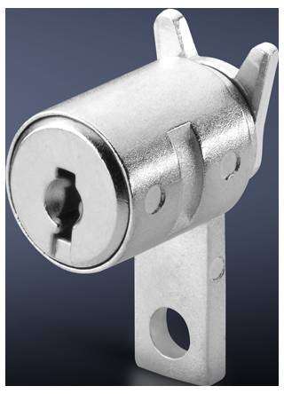 Metal padlock against a dark background, cylindrical in shape with a keyhole and mounting plate.
