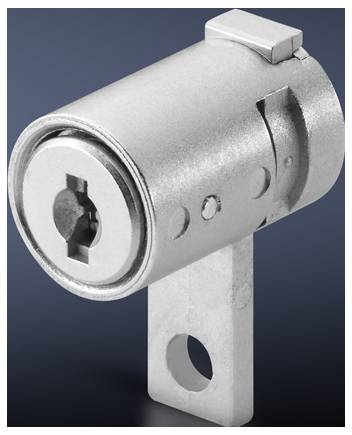 A cylindrical metal lock with a lever on the side, protruding from the base.