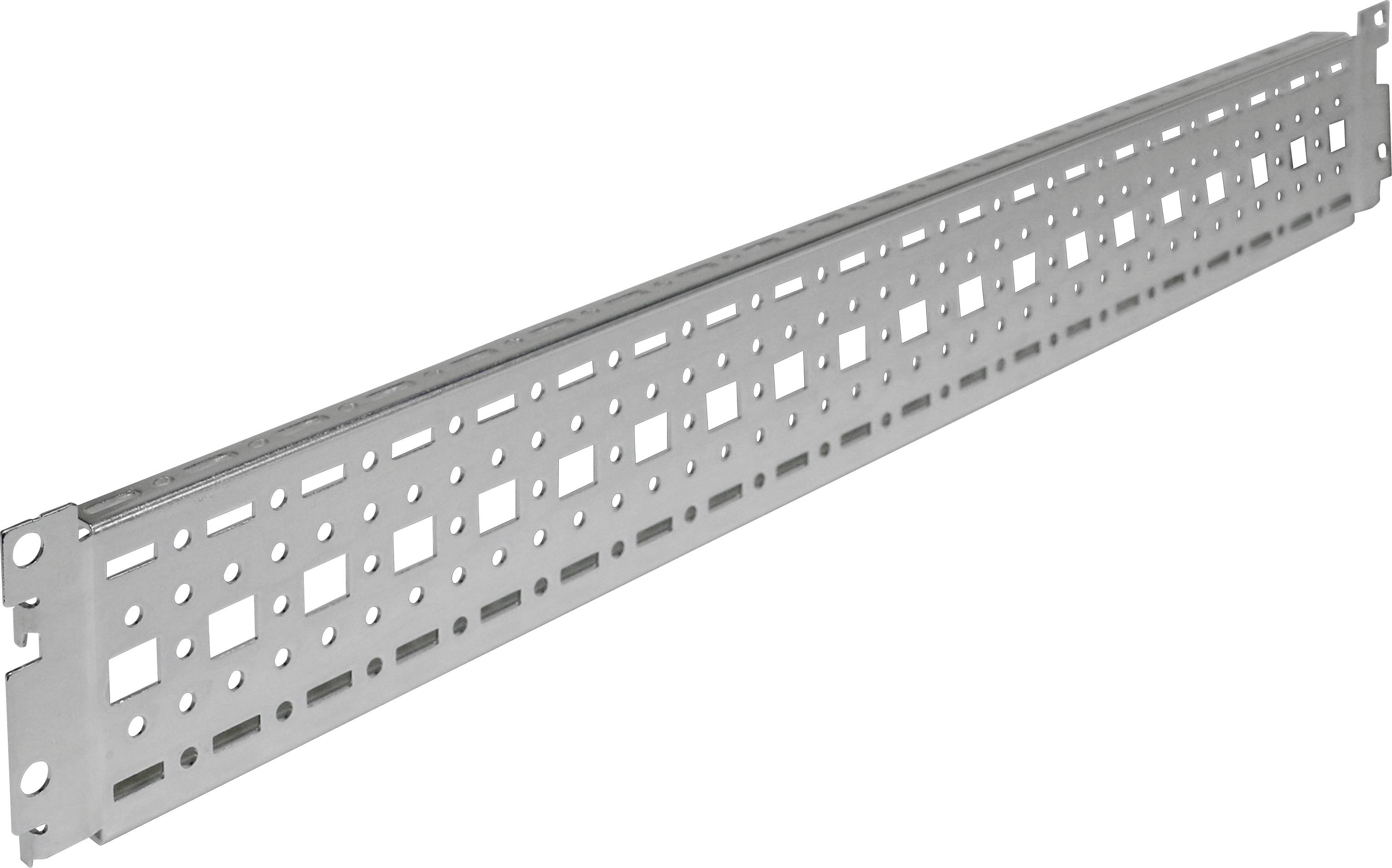 Metal panel with perforated design, suitable for cable management in a network rack.