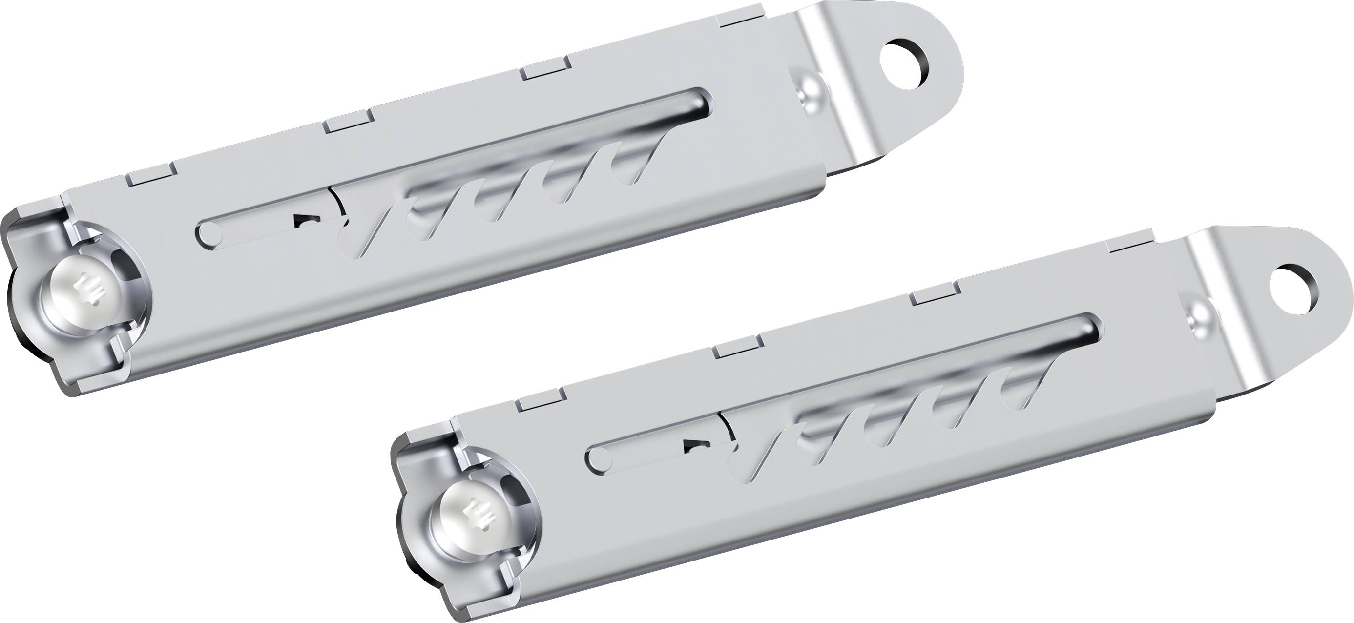 Two silver metal rails with a screw at each end, possibly mounting brackets or fixing components.