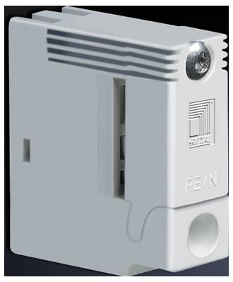 A grey electrical component with 'PE/N' printed on it and a company logo, used for electrical circuit and protection.