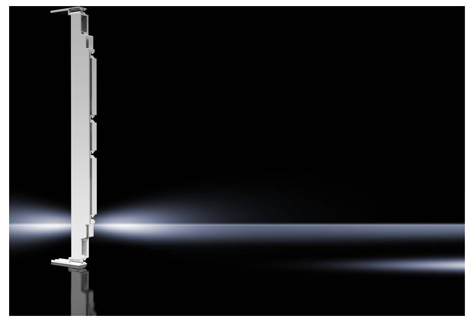 A vertical, metallic structure stands in front of a dark background with light rays extending to the right.