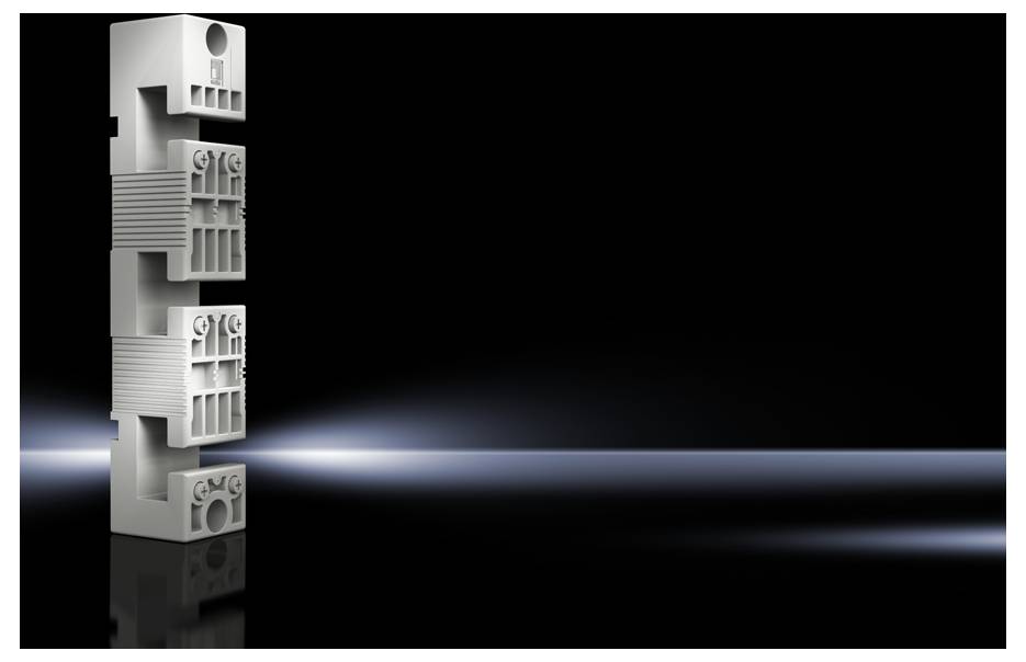 A vertical, structured 3D object stands to the left in front of a black background with a horizontal, luminous light strip.