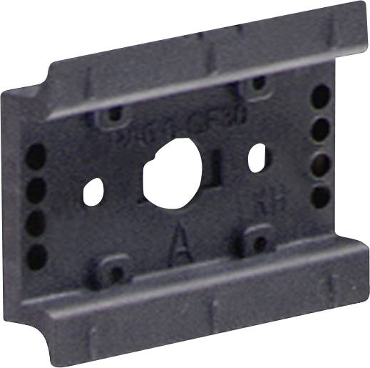 Black metal part with holes and a central opening. Potentially a mounting bracket or adapter for a technical purpose.