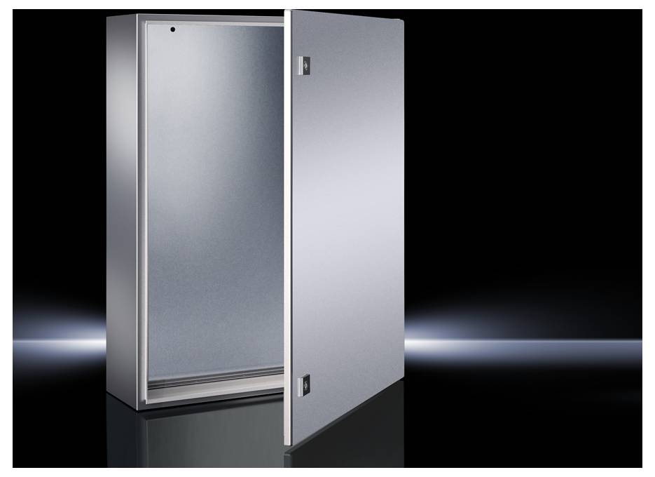 A silver metal cabinet with an open door stands against a black background, highlighted by light reflections.
