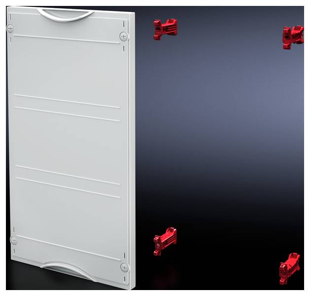 Grey, rectangular metal plate with rounded corners, next to red plastic clips on a dark background.