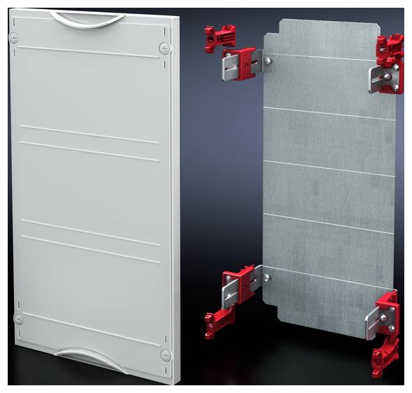 Protective plate in two views: on the left, the front side with a ribbed pattern, on the right, the back side with four red mounting clips.