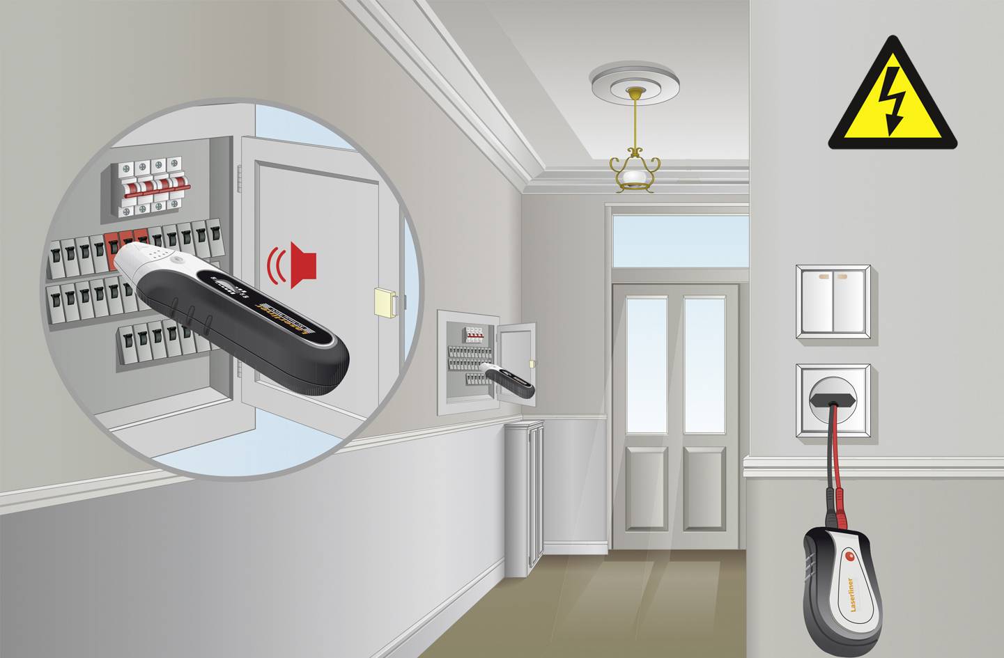 Image of a voltage tester checking an electrical circuit in a wall socket. A high-voltage warning symbol is visible.