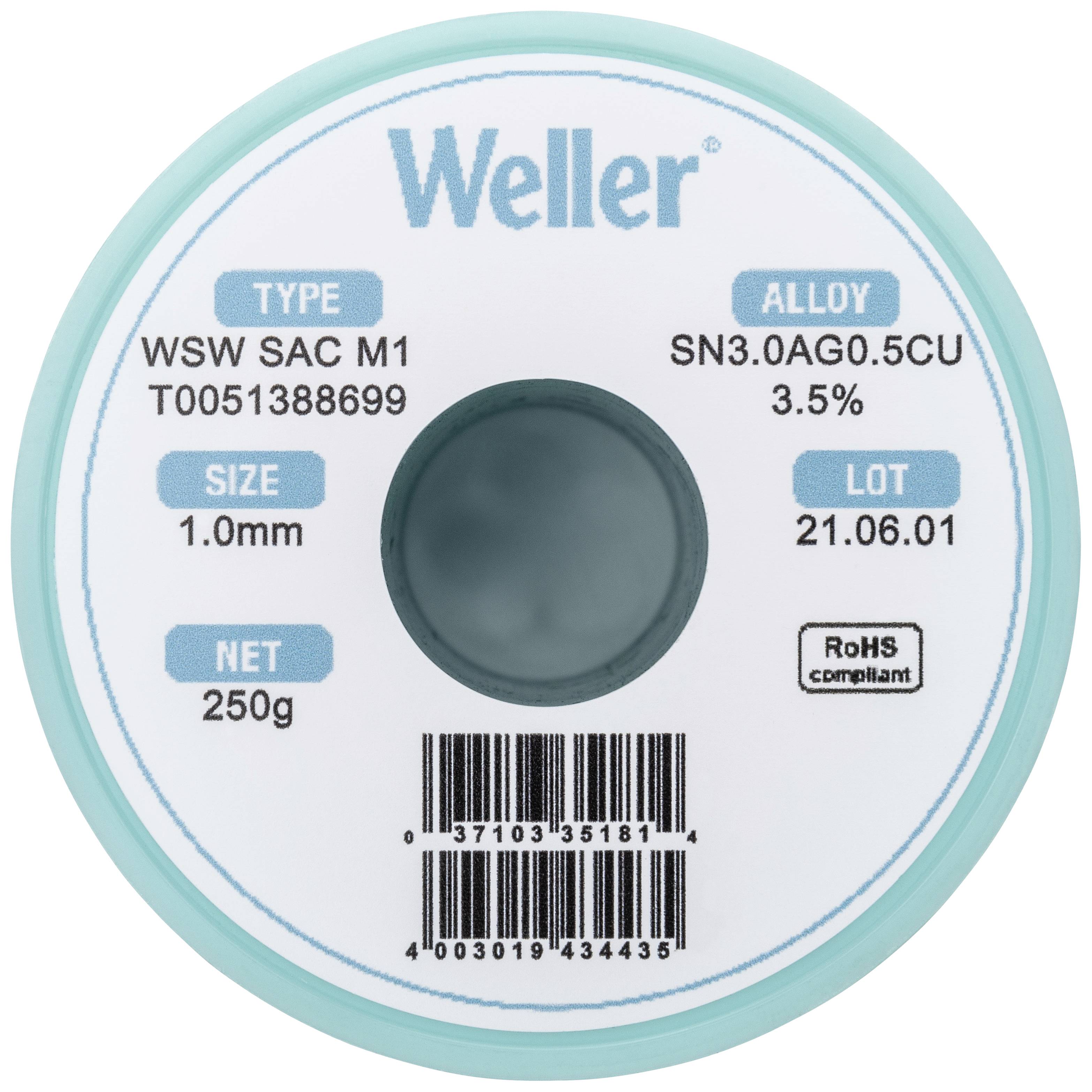 A solder tin reel with 'Weller' inscription. Type: WSW SAC M1, Alloy: SN3.0AG0.5CU, Size: 1.0mm, Weight: 250g, Batch: 21.06.01.