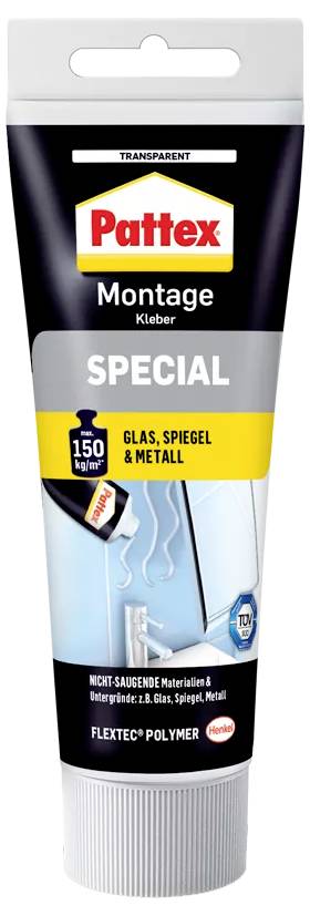 A tube of Pattex Mounting Adhesive SPECIAL for glass, mirrors and metal. Holds up to 150 kg/m². Suitable for non-porous materials.