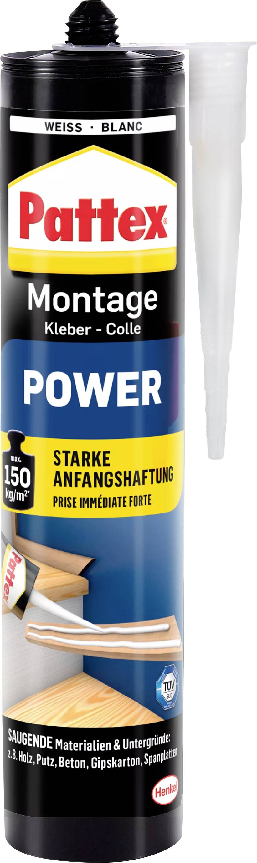 Pattex mounting adhesive can with the inscription 'Power - Strong Initial Adhesion'. White plastic nozzle beside it. Packaging shows application examples.