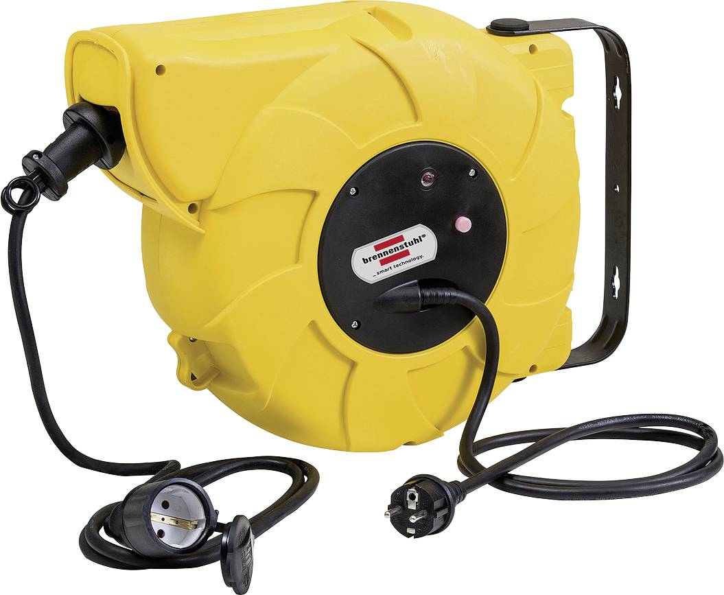 Yellow retractable electrical extension cord reel with two plug ends, mounted on a black bracket.