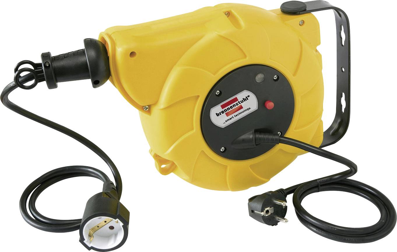 Yellow wall-mountable electric cable reel with attached power cord and plug.