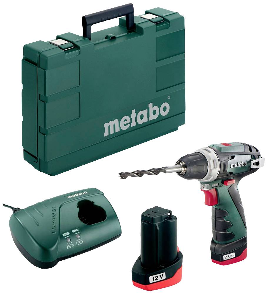 Green cordless drill with drill bit, Metabo logo. Includes charger, 12V battery, carry case. Ideal for DIY and construction projects.