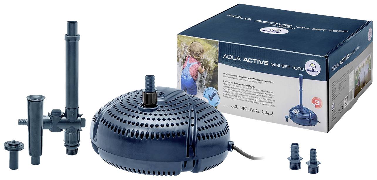 Pond Pump Set with Various Nozzles and Cardboard Packaging. The set is suitable for ponds up to 1000 litres. The packaging displays an image of a pond.