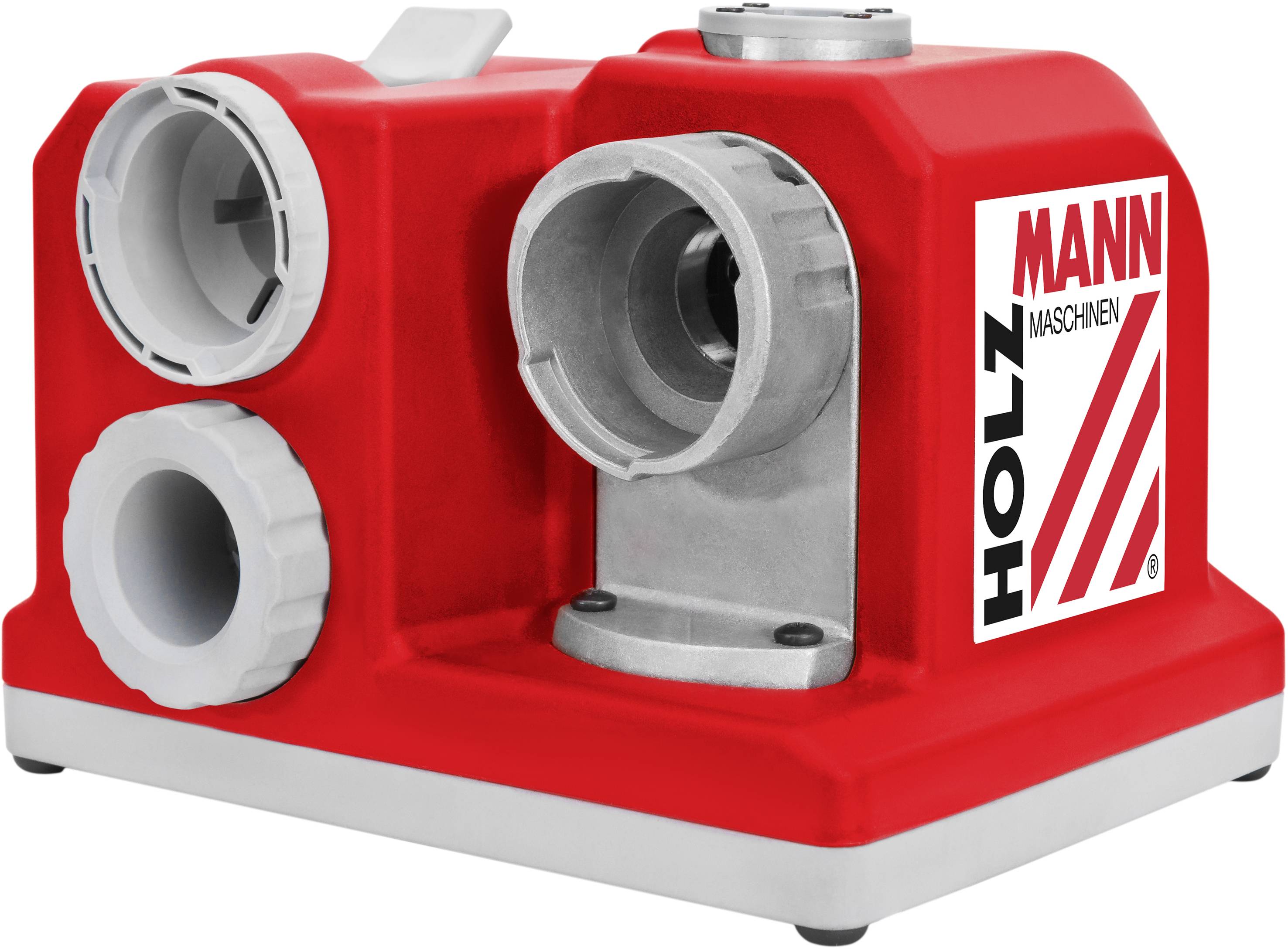 Red Holzmann Tool Sharpener with multiple grinding openings and logo on the side. Suitable for sharpening tools.