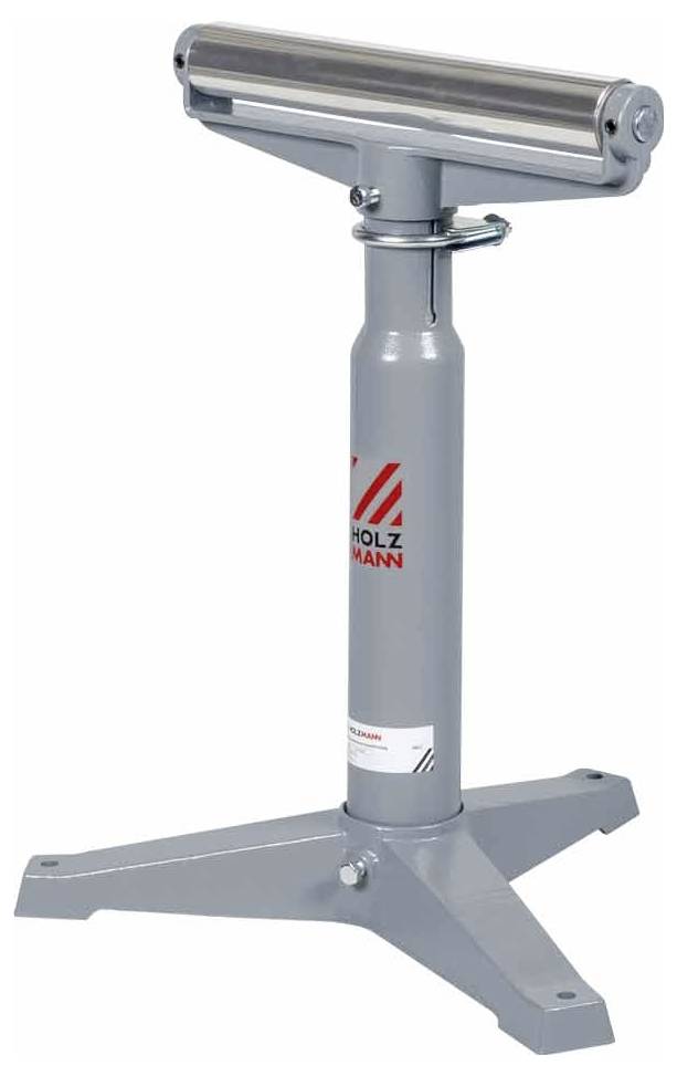 Industrial metal support stand with a roller top and three-legged base, labeled 'HOLZMANN'.