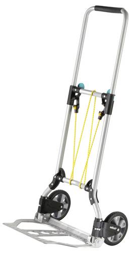 Folding hand trolley with two wheels and yellow pull cords. Ideal for transporting heavy items. Robust and compact when folded.