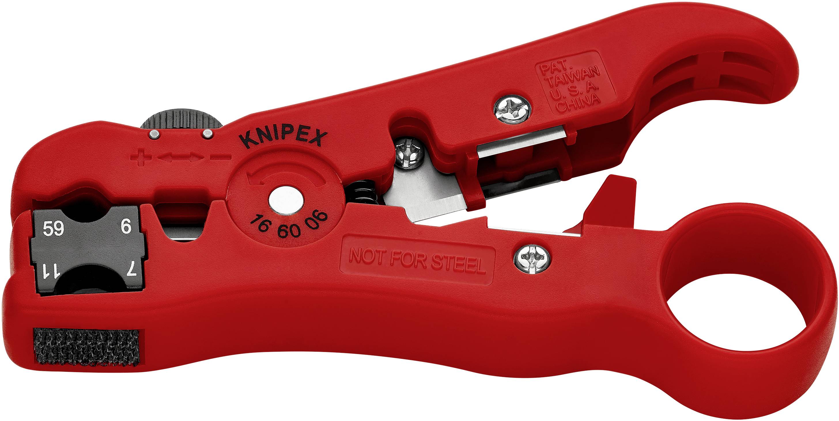 Red wire stripping tool with multiple cutting functions, handle with indentations, screw adjustment for cable diameter and markings.