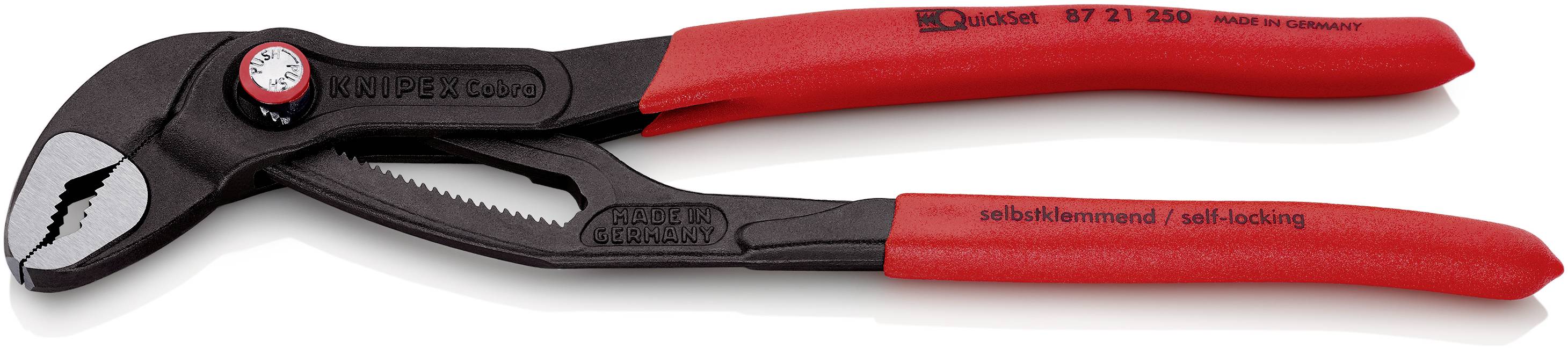 Red water pump pliers with grey handle, suitable for plumbing work. 'Self-locking' marking on the handle.